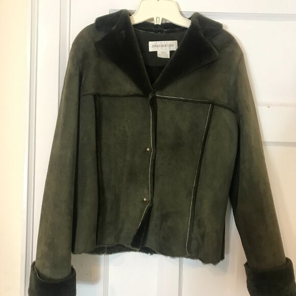 Jones New York Olive Green Dyed Lamb Suede Shearling Coat Jacket Outerwear - Picture 2 of 6